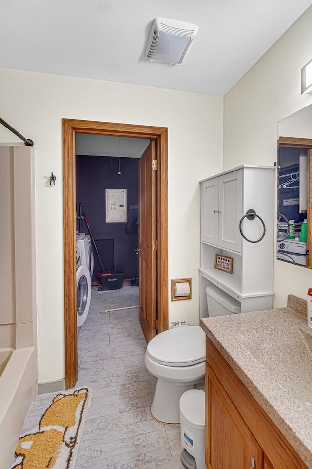 19605 Redwood Ln, Mokena, IL 60448 - bathroom with shower / bath combination, washing machine and dryer, toilet, visible vents, and vanity