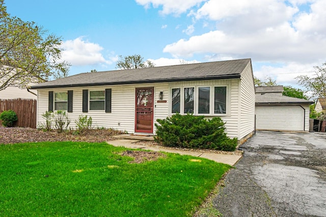 19605 Redwood Ln, Mokena, IL 60448 - ranch-style house featuring a garage, an outdoor structure, fence, and a front yard