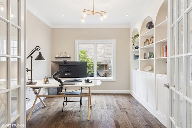410 W 2nd St, Elmhurst, IL 60126 - office space featuring crown molding, baseboards, a chandelier, and wood finished floors