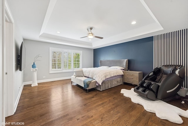 410 W 2nd St, Elmhurst, IL 60126 - bedroom with a ceiling fan, baseboards, wood finished floors, and a raised ceiling