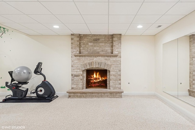410 W 2nd St, Elmhurst, IL 60126 - interior space with baseboards, carpet flooring, a paneled ceiling, and a fireplace
