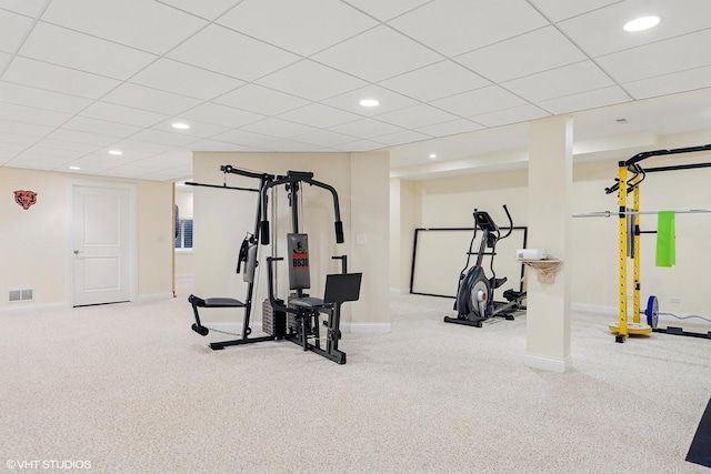 410 W 2nd St, Elmhurst, IL 60126 - workout area featuring visible vents, baseboards, recessed lighting, a paneled ceiling, and carpet flooring