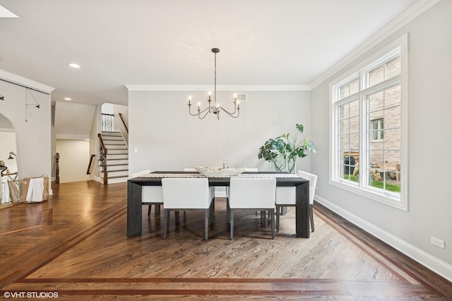 410 W 2nd St, Elmhurst, IL 60126 - dining space with visible vents, stairs, a notable chandelier, and a healthy amount of sunlight