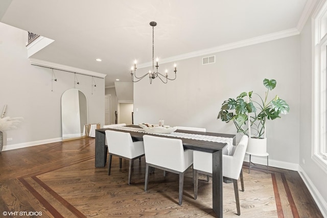 410 W 2nd St, Elmhurst, IL 60126 - dining area featuring visible vents, ornamental molding, baseboards, and a notable chandelier