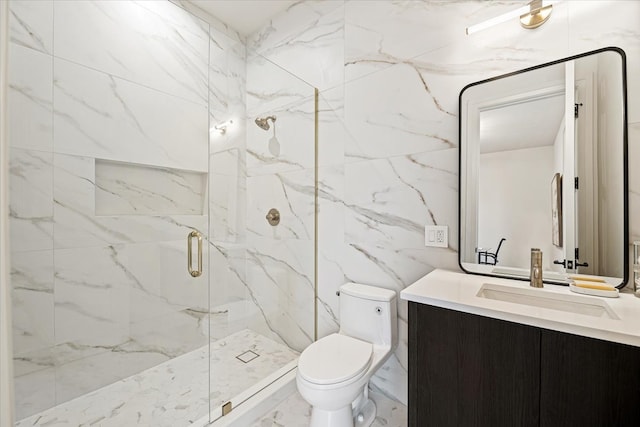 full bathroom with vanity, marble finish floor, a marble finish shower, and toilet