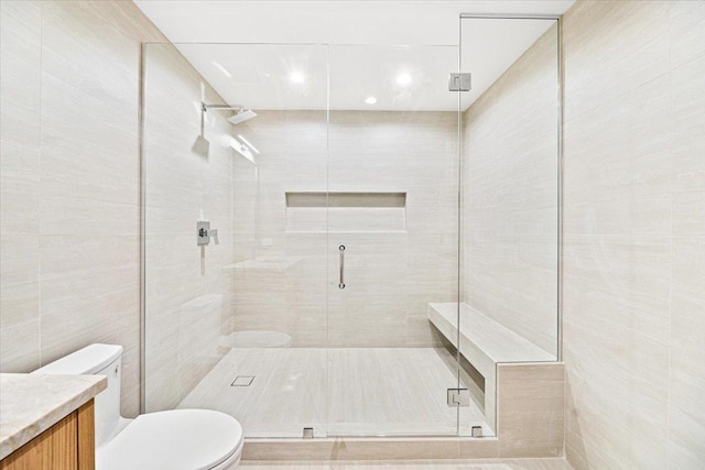 bathroom with vanity, tile walls, toilet, and a shower stall