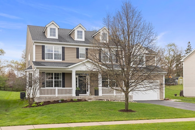 view of front of home featuring a garage, covered porch, driveway, and a front yard