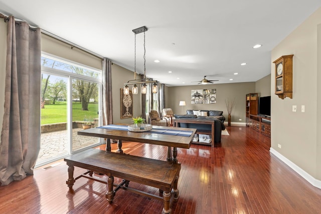dining space featuring recessed lighting, baseboards, dark wood-style floors, and ceiling fan
