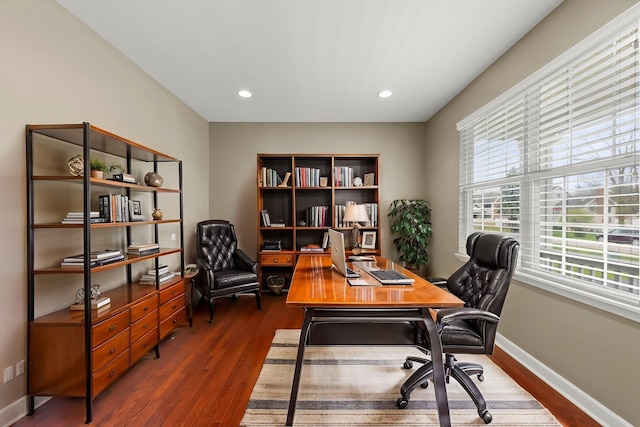 office with baseboards, recessed lighting, and wood finished floors