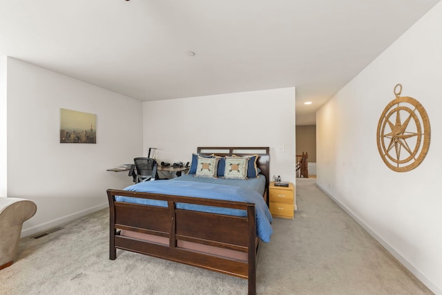 carpeted bedroom with recessed lighting, baseboards, and visible vents