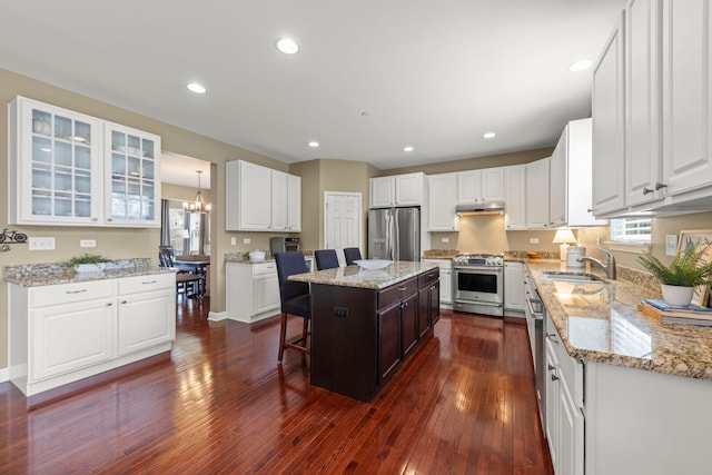 kitchen featuring glass insert cabinets, white cabinetry, under cabinet range hood, a sink, and appliances with stainless steel finishes