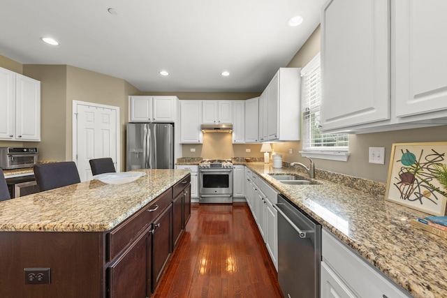kitchen with appliances with stainless steel finishes, a sink, white cabinets, under cabinet range hood, and dark wood-type flooring