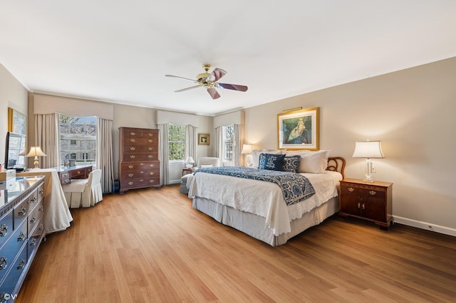 bedroom featuring light wood-type flooring, ceiling fan, and baseboards