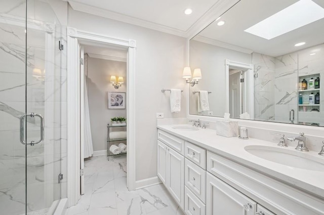 bathroom featuring a marble finish shower, marble finish floor, ornamental molding, and a sink