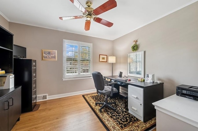 office featuring ornamental molding, visible vents, a ceiling fan, baseboards, and light wood-style floors