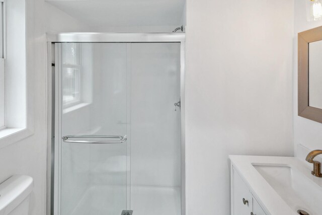 full bathroom featuring vanity, a stall shower, and toilet