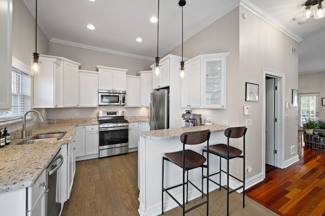 kitchen with appliances with stainless steel finishes, a sink, dark wood-style floors, glass insert cabinets, and crown molding