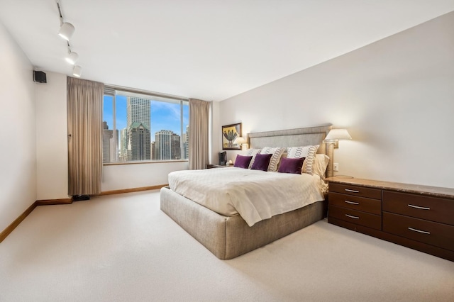 bedroom featuring baseboards, light carpet, a city view, and rail lighting