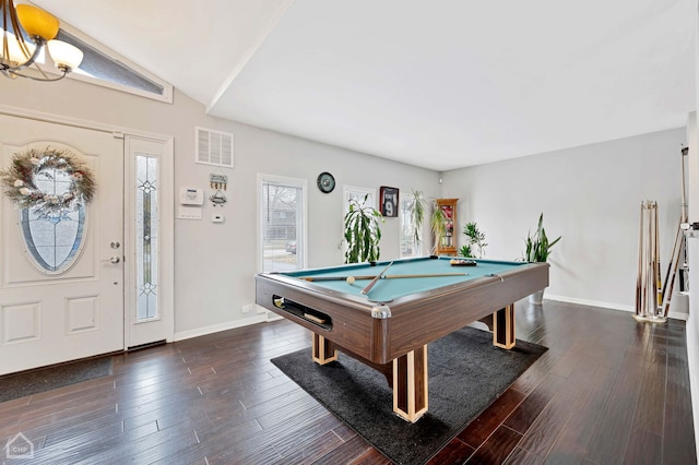 710 E 194th St, Glenwood, IL 60425 - recreation room with visible vents, pool table, vaulted ceiling, dark wood finished floors, and baseboards