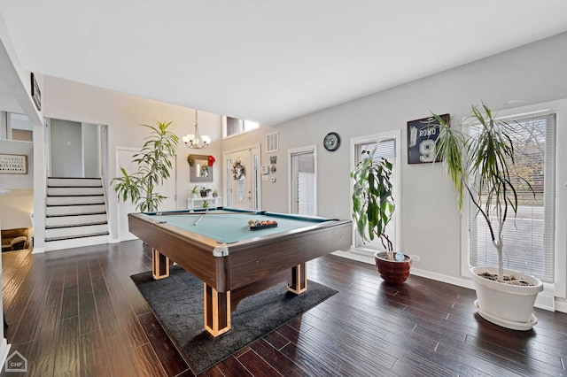 710 E 194th St, Glenwood, IL 60425 - rec room featuring visible vents, wood finished floors, baseboards, billiards, and a notable chandelier