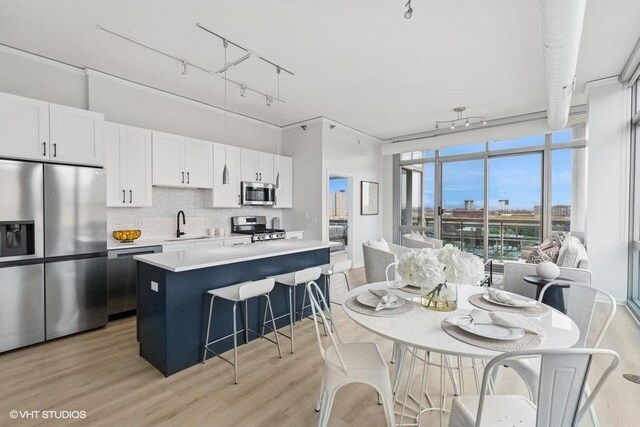 kitchen featuring appliances with stainless steel finishes, track lighting, light countertops, light wood-style flooring, and backsplash