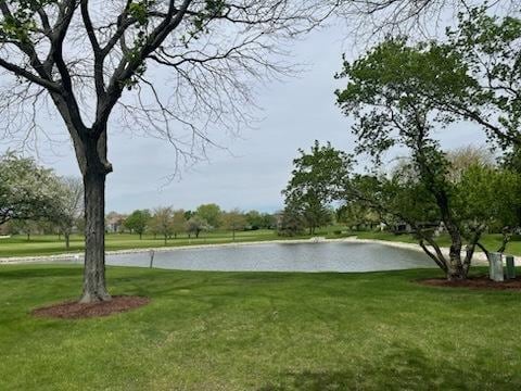 view of home's community with a lawn and a water view