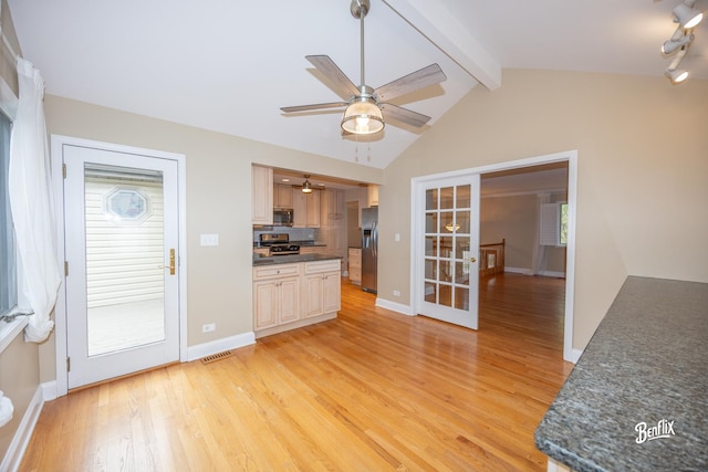 143 Midway Ln, Vernon Hills, IL 60061 - kitchen featuring visible vents, dark countertops, ceiling fan, light wood finished floors, and appliances with stainless steel finishes