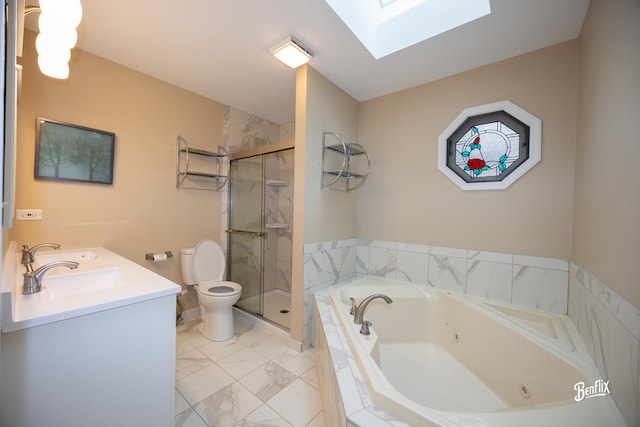 143 Midway Ln, Vernon Hills, IL 60061 - bathroom featuring a jetted tub, a skylight, a stall shower, a sink, and toilet