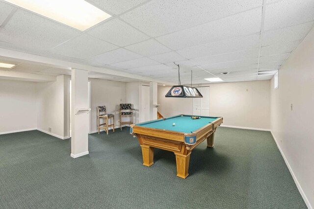 rec room with carpet floors, baseboards, a drop ceiling, and pool table