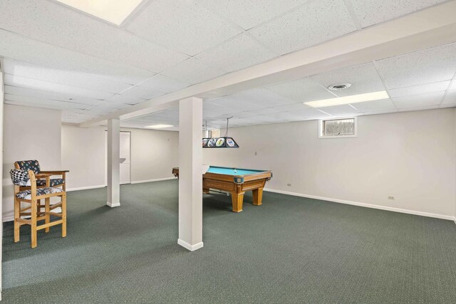 rec room with baseboards, a drop ceiling, dark colored carpet, and billiards