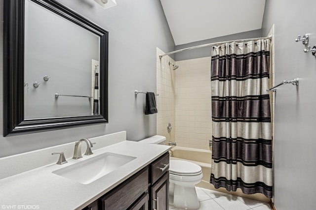 1210 Spring Hill Dr, Algonquin, IL 60102 - full bathroom with vaulted ceiling, vanity, tile patterned floors, toilet, and shower / bath combo with shower curtain