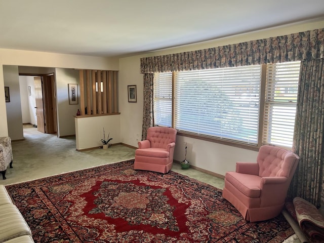 living area with carpet floors and baseboards