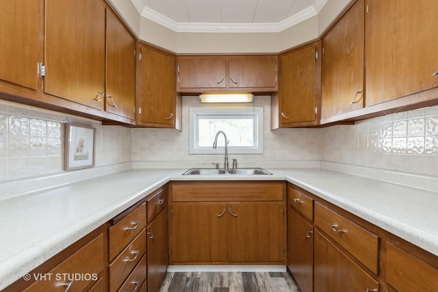 27569 N Beech St, Island Lake, IL 60042 - kitchen featuring a sink, brown cabinetry, light countertops, and crown molding