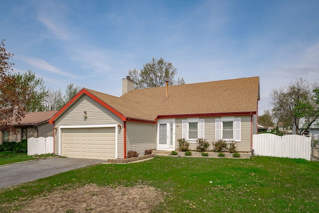 cape cod house featuring fence, an attached garage, a front yard, a chimney, and driveway