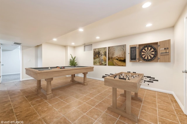recreation room with visible vents, billiards, tile patterned floors, and recessed lighting