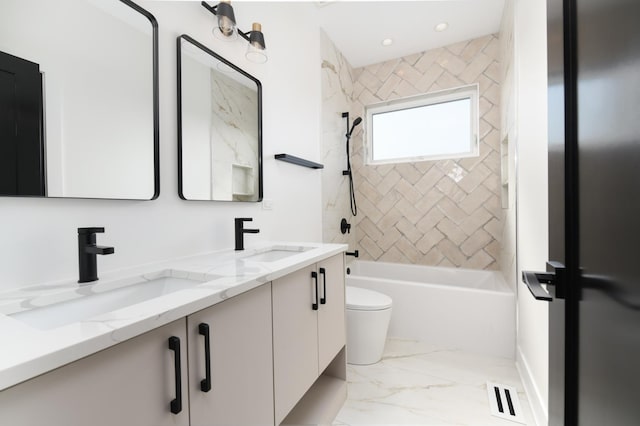 4014 N Kimball Ave, Chicago, IL 60618 - bathroom featuring double vanity, a sink, marble finish floor, and toilet