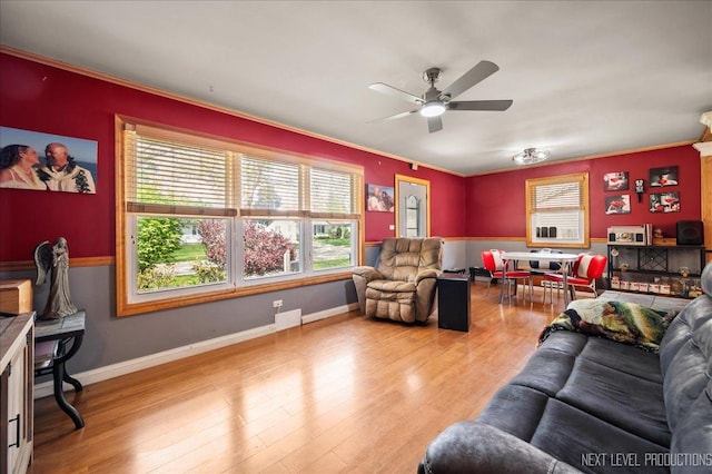 3005 Starling Ln, Rolling Meadows, IL 60008 - living room with ceiling fan, crown molding, wood finished floors, and baseboards