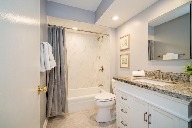 bathroom featuring vanity, shower / tub combo with curtain, toilet, recessed lighting, and tile patterned floors