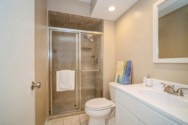 bathroom with tile patterned flooring, a shower stall, vanity, toilet, and recessed lighting