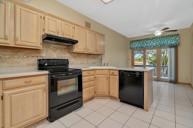 7017 Plymouth Ct, Tinley Park, IL 60477 - kitchen featuring black appliances, light brown cabinets, a sink, and under cabinet range hood