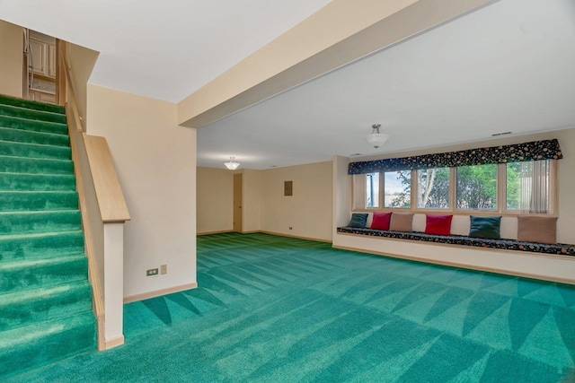 7017 Plymouth Ct, Tinley Park, IL 60477 - unfurnished living room featuring stairs, carpet, baseboards, and visible vents