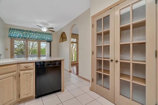 7017 Plymouth Ct, Tinley Park, IL 60477 - kitchen featuring light tile patterned floors, light brown cabinetry, black dishwasher, ceiling fan, and light countertops