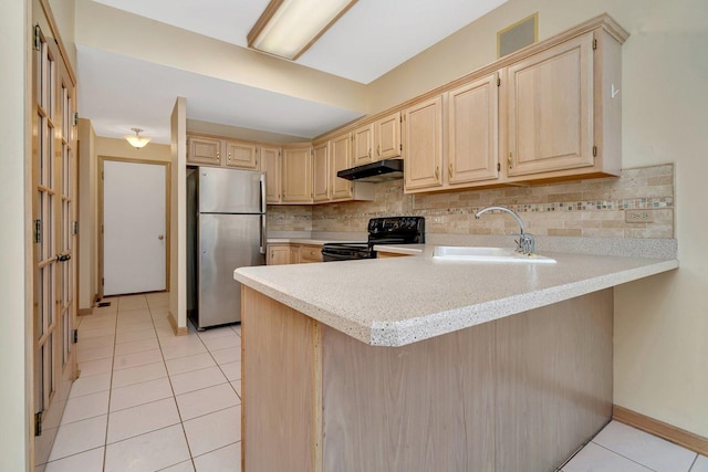 7017 Plymouth Ct, Tinley Park, IL 60477 - kitchen featuring a sink, freestanding refrigerator, under cabinet range hood, black / electric stove, and light brown cabinets