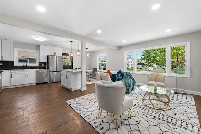 4430 Roslyn Rd, Downers Grove, IL 60515 - living area featuring baseboards, recessed lighting, and dark wood-style floors