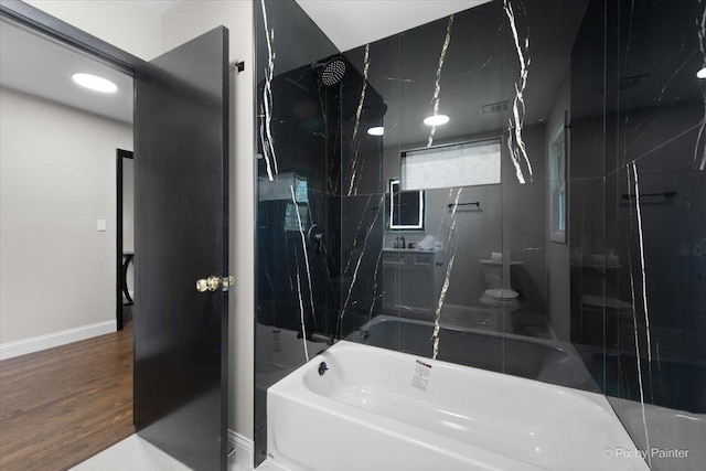 4430 Roslyn Rd, Downers Grove, IL 60515 - bathroom featuring walk in shower, a washtub, baseboards, and wood finished floors