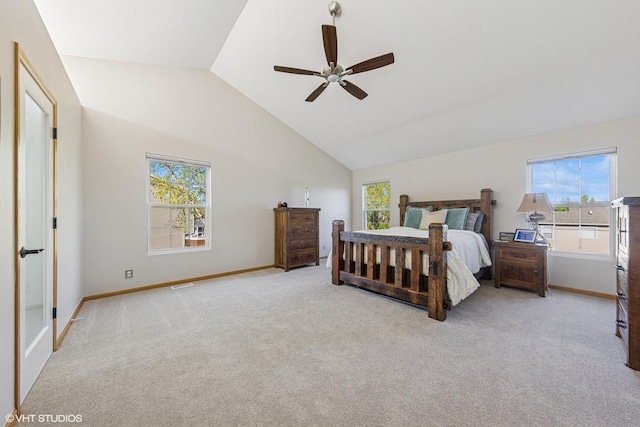 carpeted bedroom with baseboards, lofted ceiling, and ceiling fan