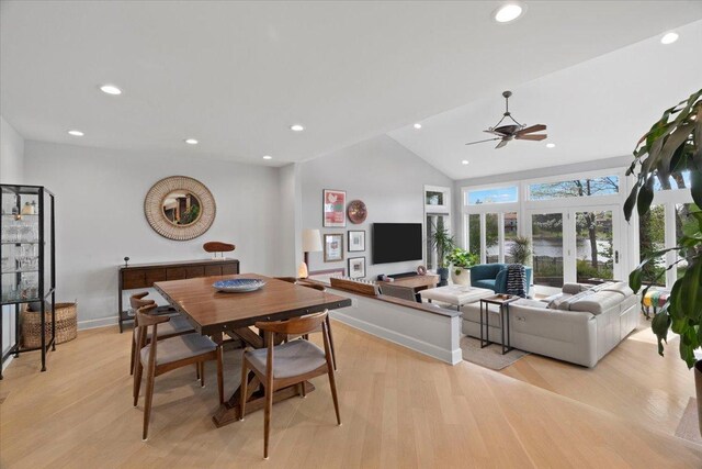 dining area featuring recessed lighting, ceiling fan, baseboards, and lofted ceiling