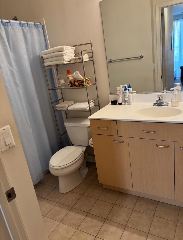 bathroom with tile patterned flooring, toilet, and vanity