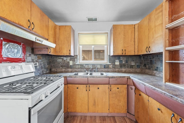 8576 S Woodlawn Ave, Chicago, IL 60619 - kitchen with decorative backsplash, light wood-type flooring, a sink, white gas range oven, and under cabinet range hood