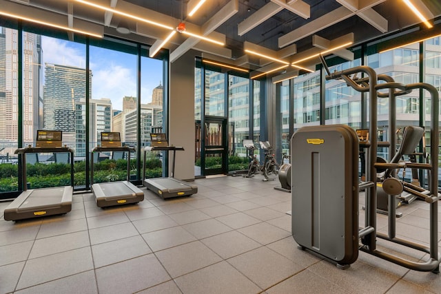 exercise room featuring expansive windows, a high ceiling, and a city view